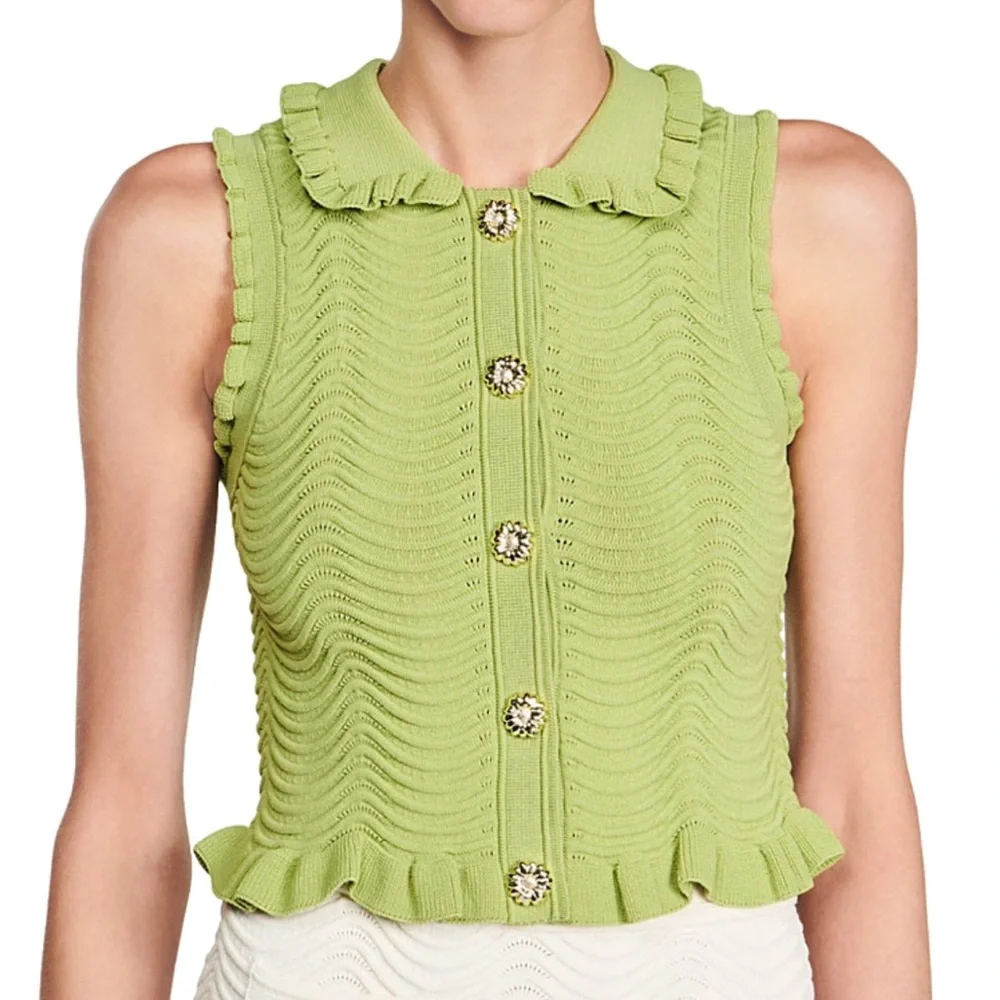 Sandro Olive Green Sleeveless Button-Down Knit Top - Picture 2 of 5